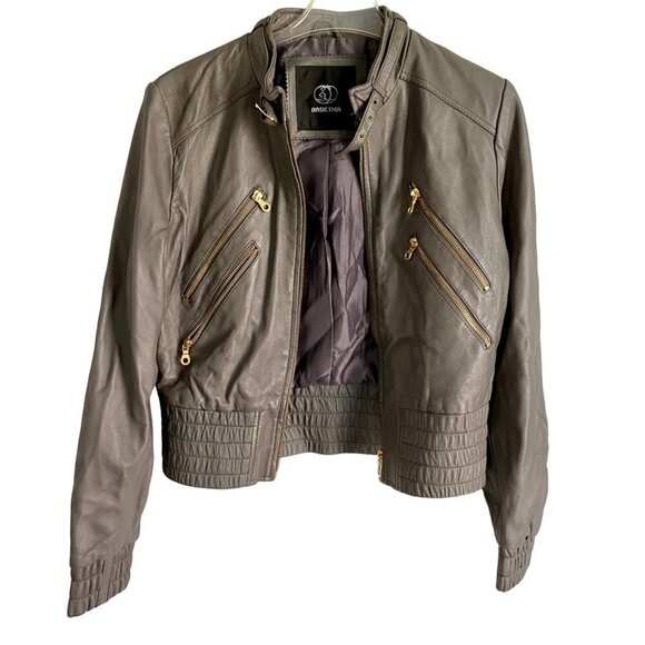 Basic Idea Lambskin Leather Jacket with Zippered Pockets Gray Large - Picture 1 of 8